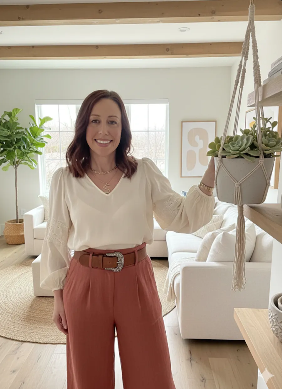 Shannon, founder of Willow & Fern, smiling in a bright staged living room beside a hanging plant