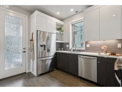 Townhome kitchen and frosted-glass entry door